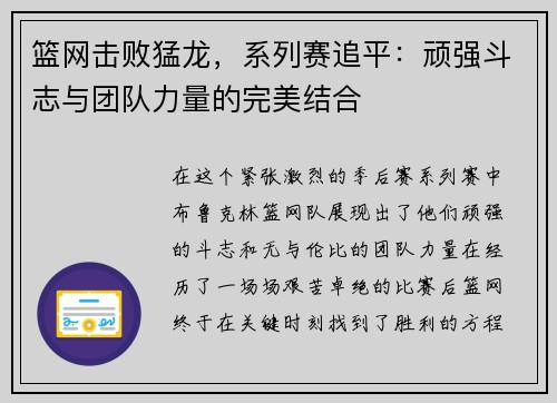 篮网击败猛龙，系列赛追平：顽强斗志与团队力量的完美结合
